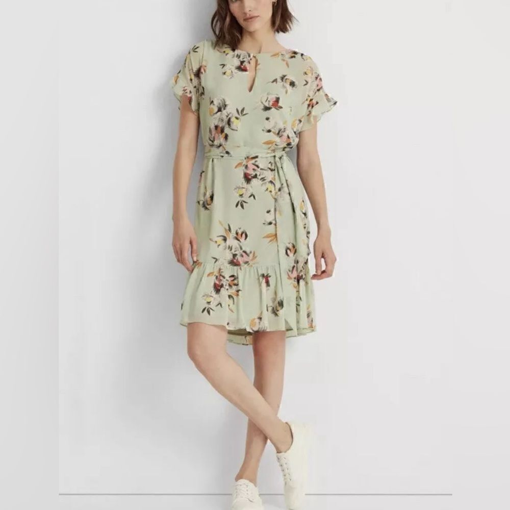 NWT Lauren Ralph Green Floral Crinkled Georgette A Line Dress Sz 6 No Belt